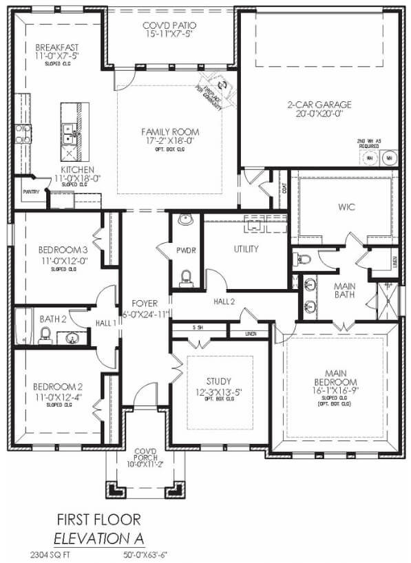 Blueprint of a single-story residential home floor plan, detailing room sizes and layout.