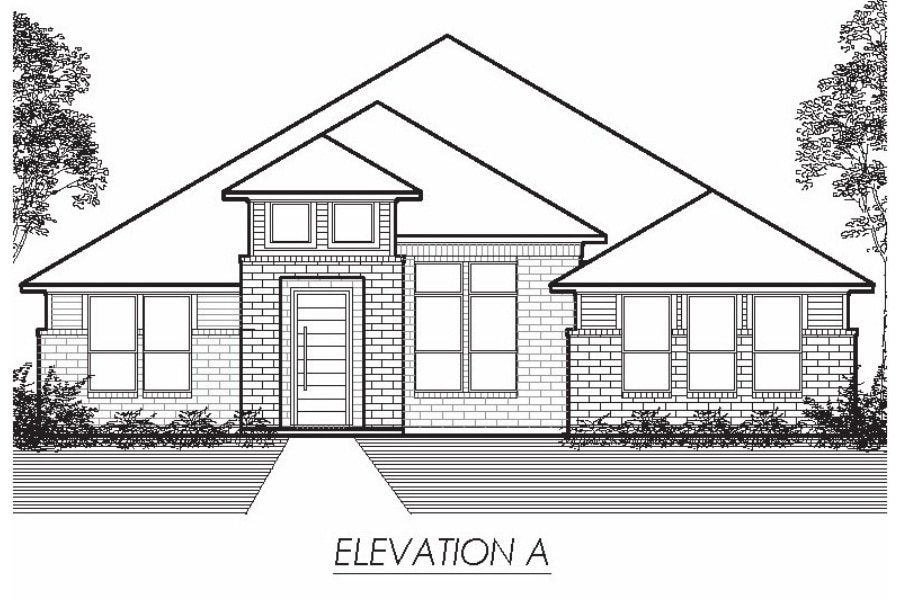 Architectural drawing of a single-story house front elevation labeled "elevation a.