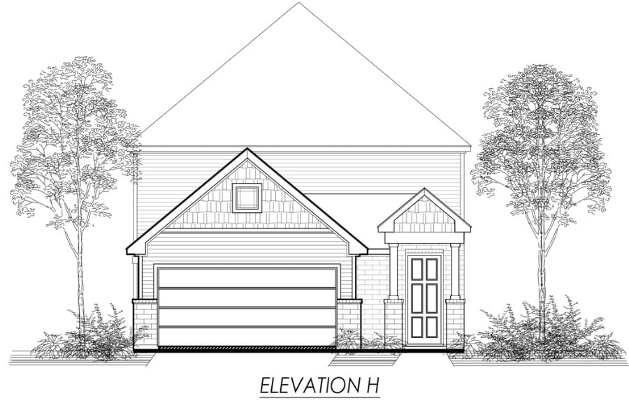 Architectural line drawing of a single-family house front elevation with a garage.
