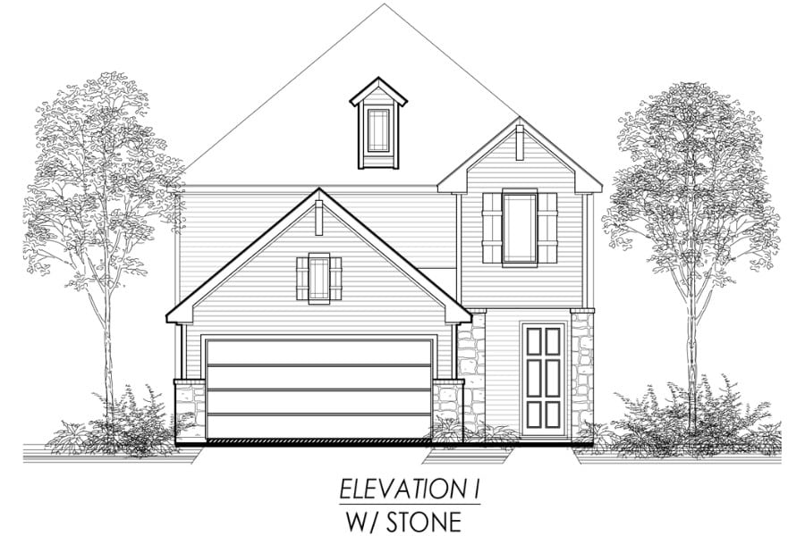 Architectural line drawing of a two-story house with a garage and trees, labeled "elevation 1 w/ stone.