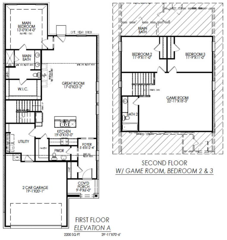 Two-level floor plan showing layout of a house with bedrooms, bathrooms, garage, and various living spaces.