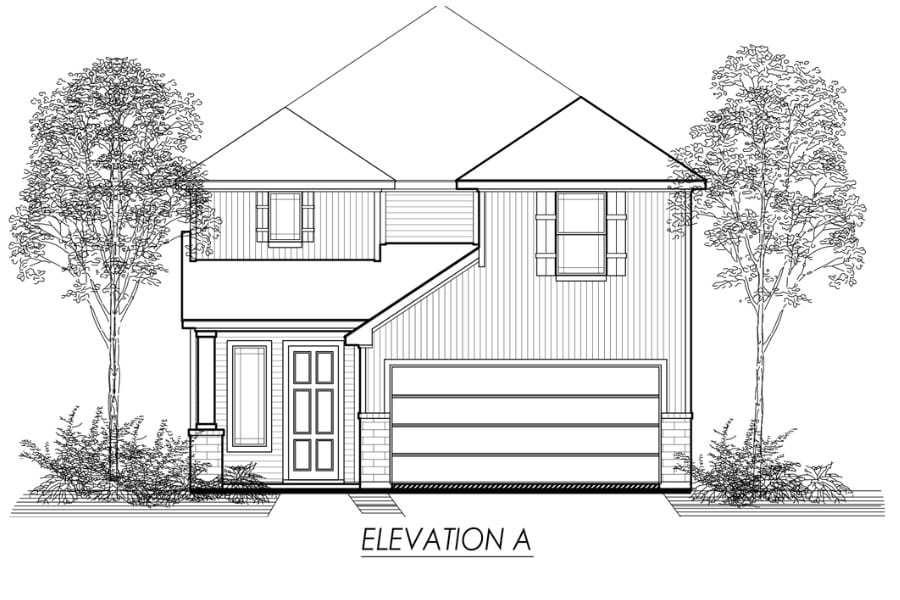 Architectural line drawing of a two-story residential house with attached garage, labeled "elevation a.