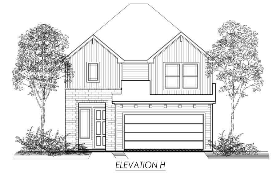 Architectural line drawing of a two-story residential house with a double garage and labeled "elevation h".