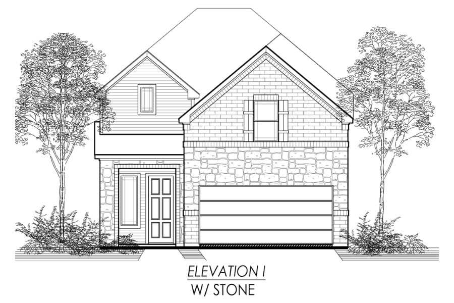 Architectural line drawing of a single-family home with stone elevation detail.