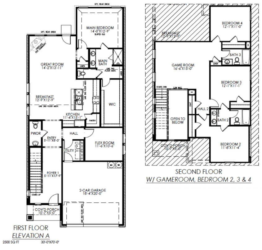Architectural floor plan diagrams of a two-story house showing room layouts for the first and second floors.