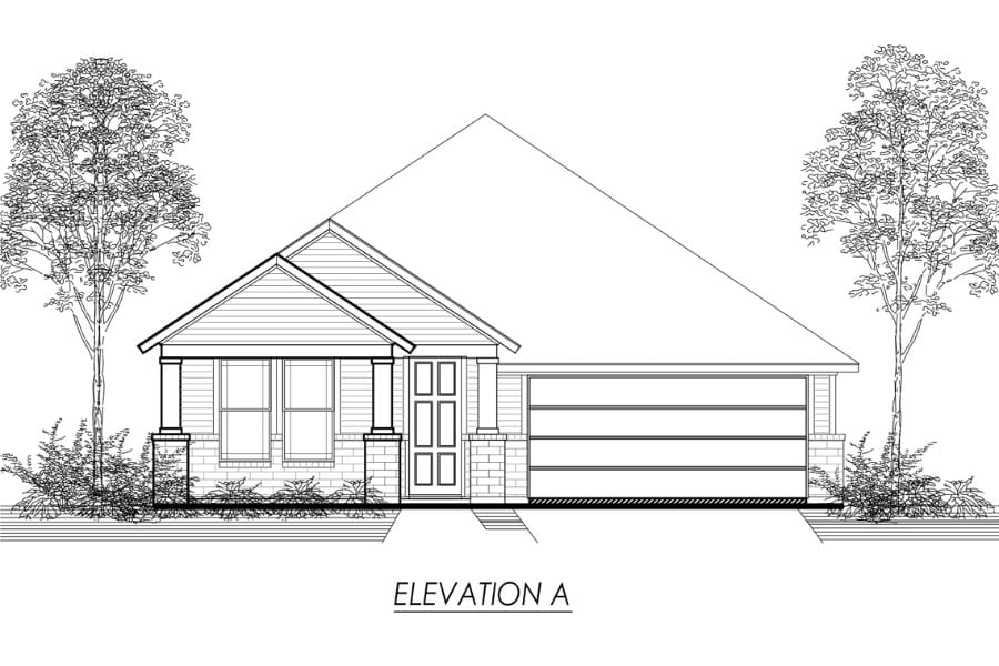 Architectural drawing of a single-story residential house front elevation labeled "elevation a.