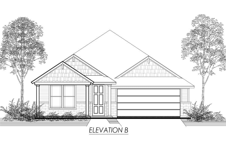 Architectural drawing of a single-story residential house facade with the label "elevation b.