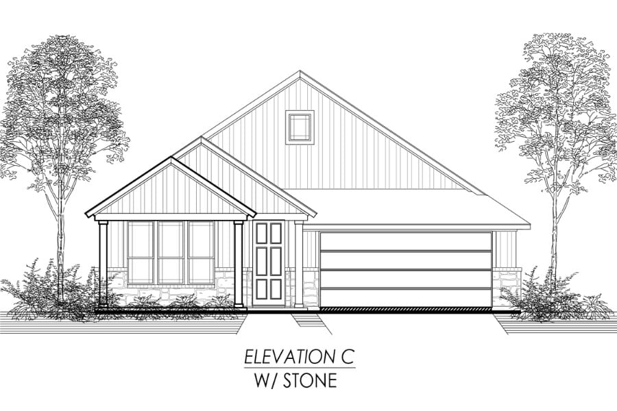 Architectural line drawing of a single-story residential house with stone detailing, labeled "elevation c w/ stone".