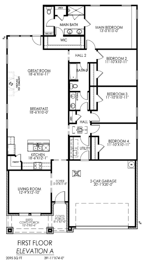 Black and white floor plan of a single-story residential home with labels and dimensions for rooms and areas including a two-car garage, three bedrooms, and living spaces.