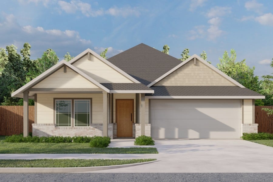 New suburban single-story house with a double garage and a landscaped front yard.