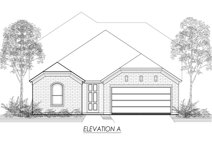 Architectural line drawing of a single-story residential home elevation.