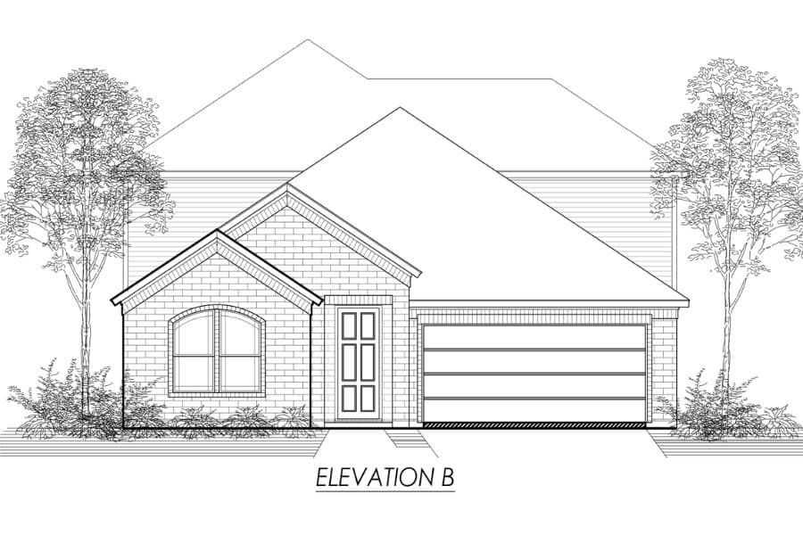 Architectural drawing of the front elevation of a single-story residential house with a gabled roof and attached garage.