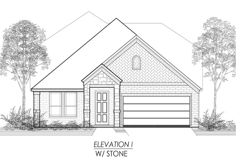 Architectural line drawing of a single-story house with a stone facade, labeled "elevation i w/ stone".