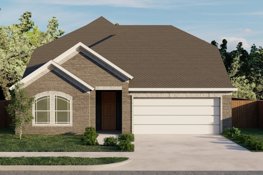 Single-story suburban house with a double garage and landscaped front yard.