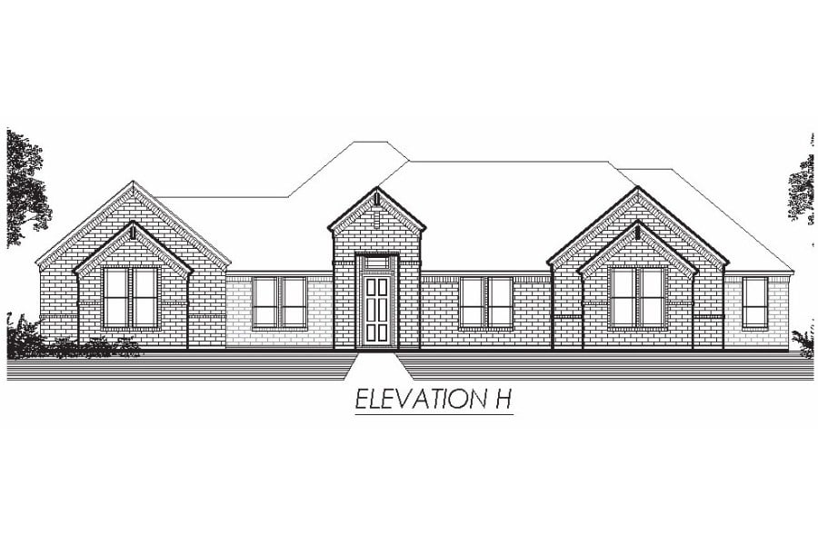 Architectural drawing of a single-story residential home's front elevation.