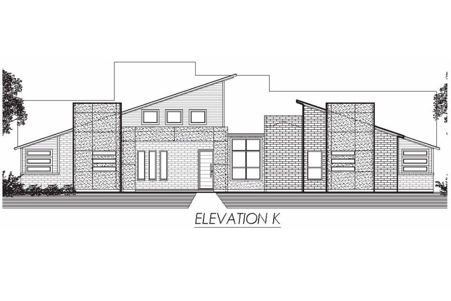 Architectural drawing of a single-story residential house front elevation labeled "elevation k.