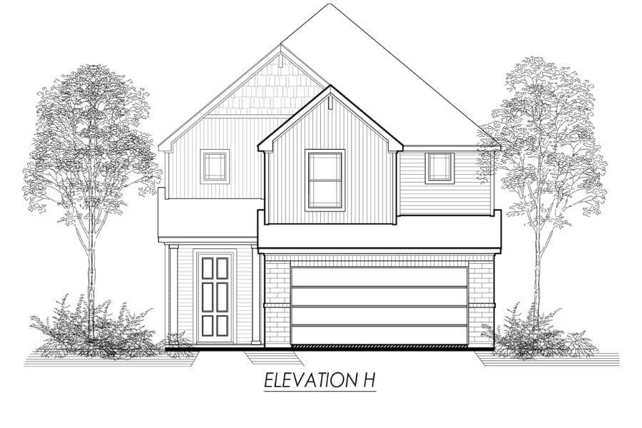 Architectural line drawing of a two-story residential house with a double garage, labeled "elevation h".