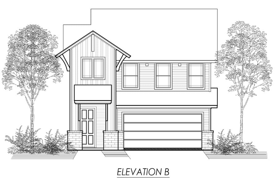 Architectural line drawing of a two-story residential building with front elevation view, labeled "elevation b".
