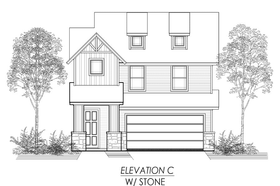 Architectural line drawing of a two-story house front elevation with stone detailing.