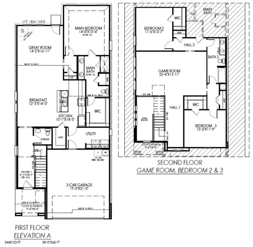 Two-story house floor plan with labeled rooms, including bedrooms, baths, and a game room.