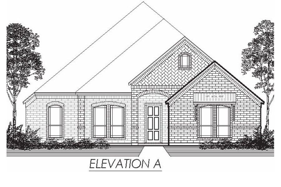 Architectural elevation drawing of a single-story residential house with a gabled roof.