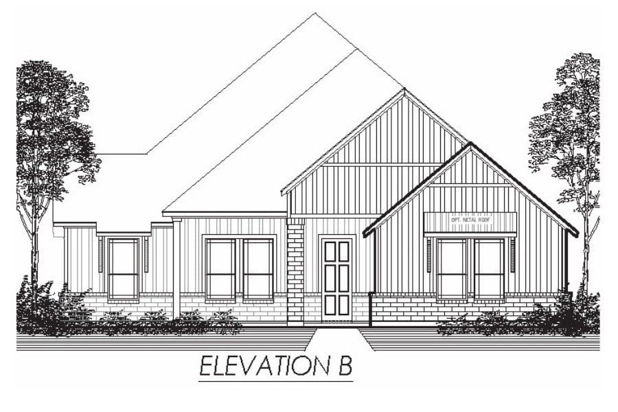 Architectural drawing of a single-story residence with a gabled roof, labeled "elevation b.