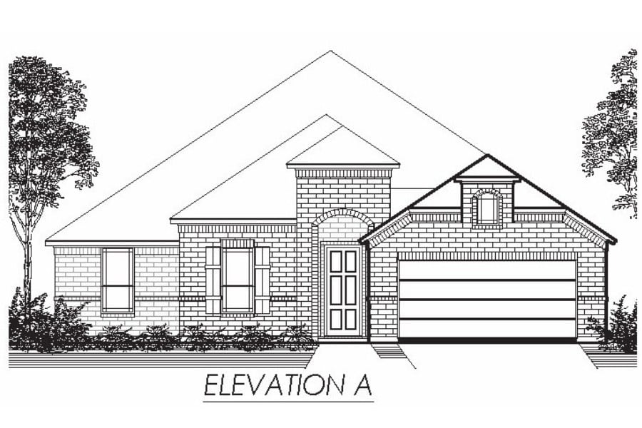 Black and white architectural drawing of a single-story house elevation with a gabled roof and attached garage.