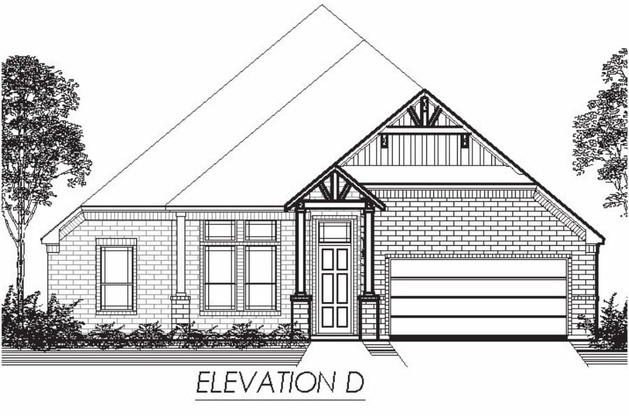 Architectural drawing of a single-story residential facade with a gable roof and attached garage, labeled "elevation d.