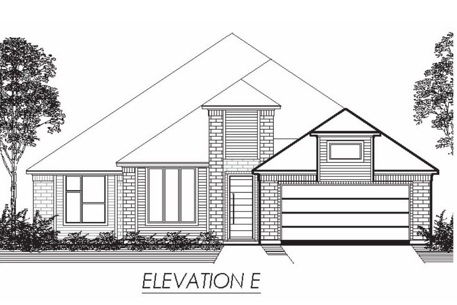 Architectural elevation drawing of a single-story house with an attached garage.