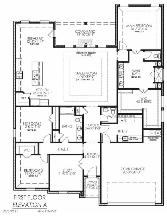 Floor plan of a two-story house showcasing the layout of rooms, bathrooms, and garage on the first floor.