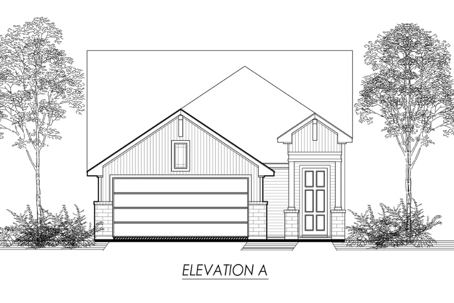 Architectural line drawing of a single-story house front elevation with attached garage and trees.