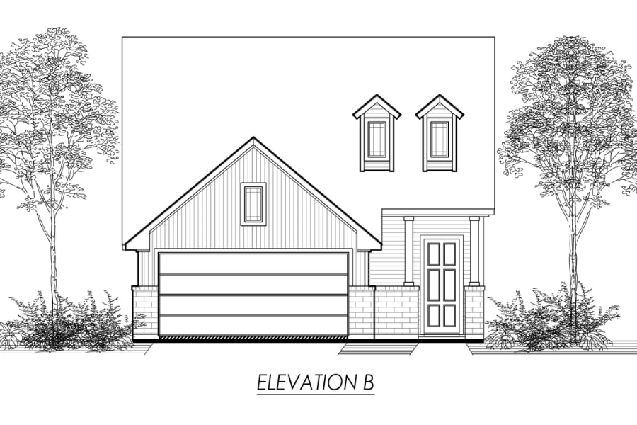 Architectural drawing of a residential facade, labeled elevation b, with a garage and upper-level windows.