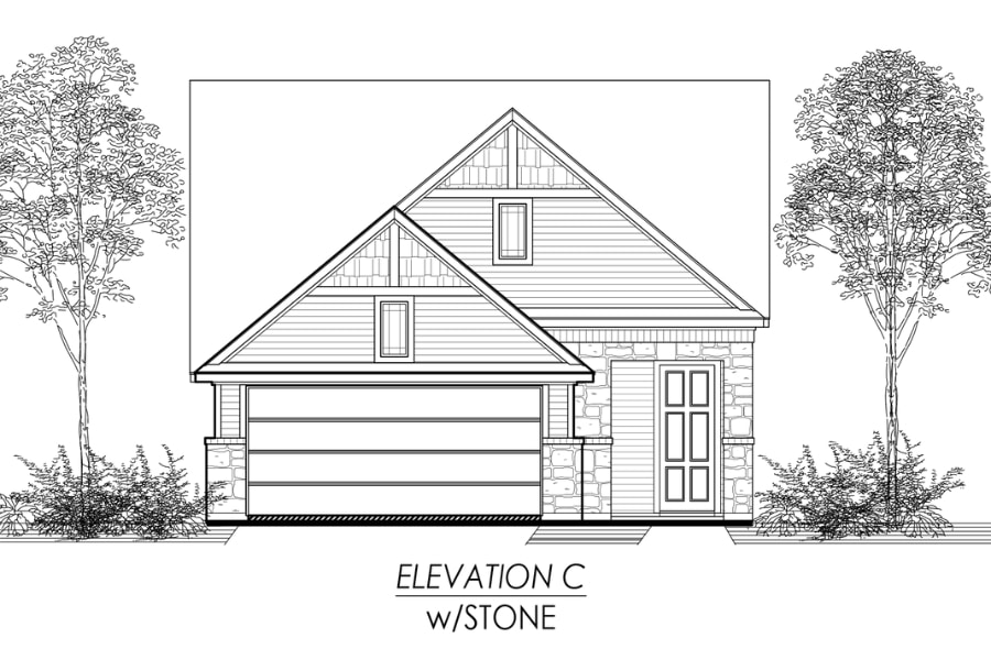 Architectural drawing of a house front elevation labeled "elevation c w/stone" with trees on either side.
