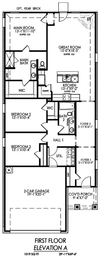 Black and white architectural floor plan of a two-story house's first floor, including various rooms, a rear garage, and a covered porch.
