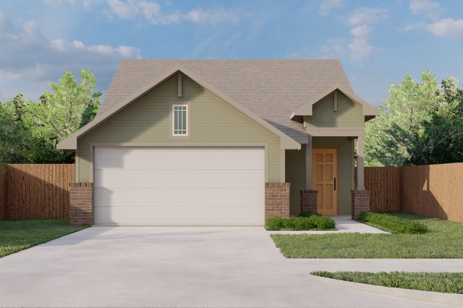 A rendered image of a single-story suburban house with an attached garage and a fenced yard.