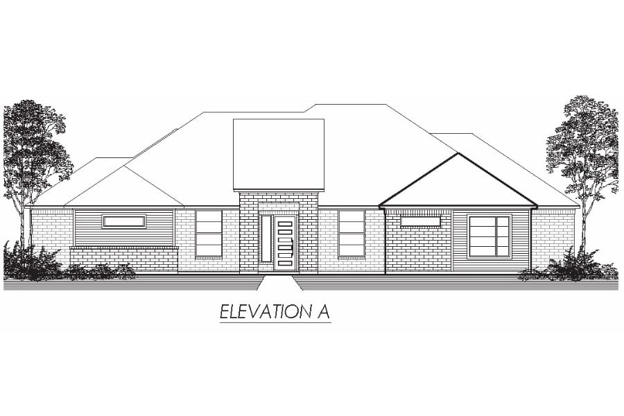 Architectural drawing of a single-story residential home's front elevation, labeled "elevation a".