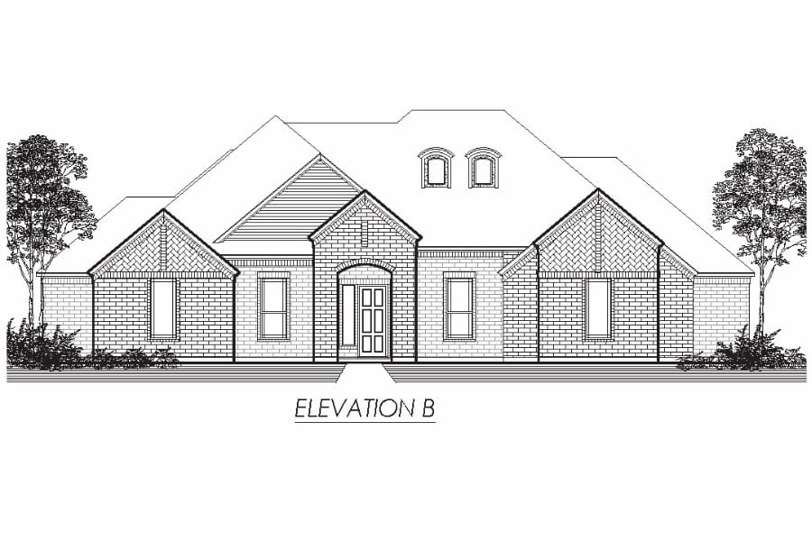 Architectural drawing of a single-story residential house elevation.