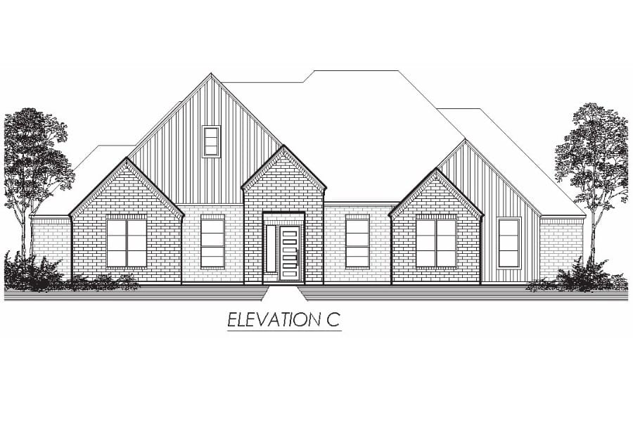 Architectural line drawing of a single-story residential facade, labeled "elevation c".