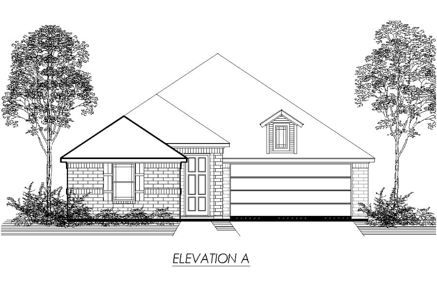 Architectural drawing of a single-story house front elevation with trees.