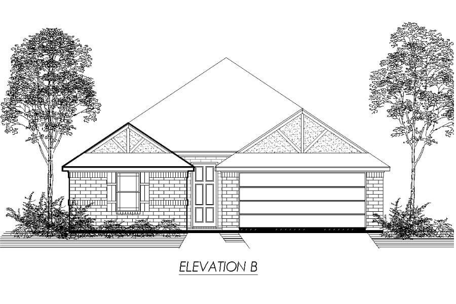 Architectural drawing of a single-story house elevation with gable roof and trees.
