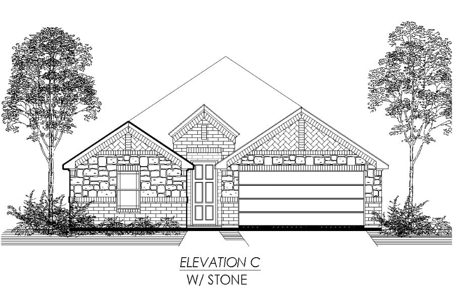 Front elevation line drawing of a single-story residential house with a stone façade and a two-car garage.