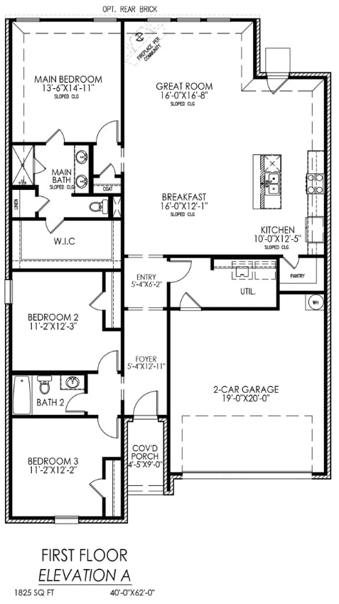 Black and white floor plan of a two-story house with labeled rooms, dimensions, and a two-car garage.