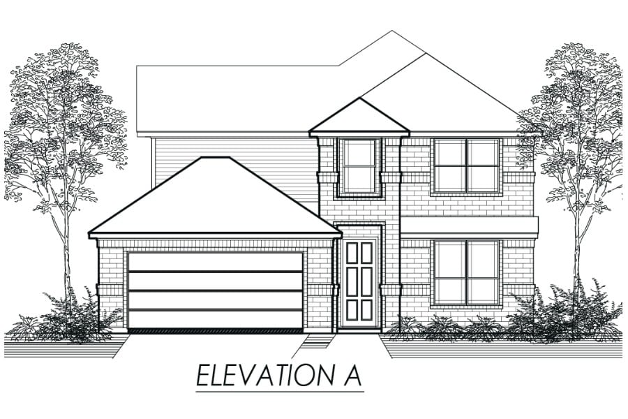 Front elevation drawing of a two-story residential house with a garage.