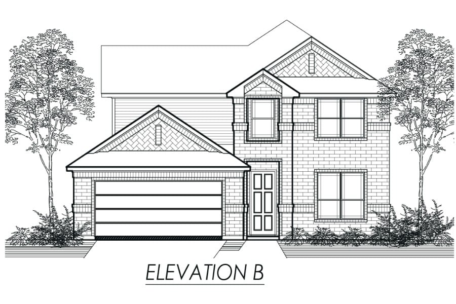 Architectural drawing of a two-story residential house with a front-facing garage and labeled "elevation b.