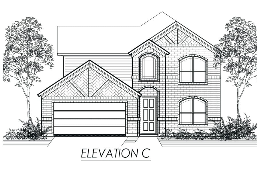 Architectural drawing of a two-story residential house elevation with front-facing garage and trees.