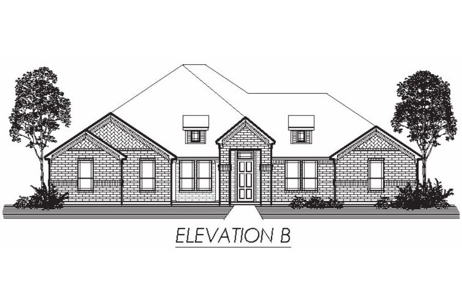Architectural drawing of a single-story residential house elevation design, labeled "elevation b.