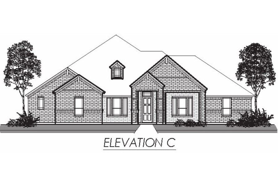 Architectural drawing of a single-story house front elevation labeled 'elevation c'.