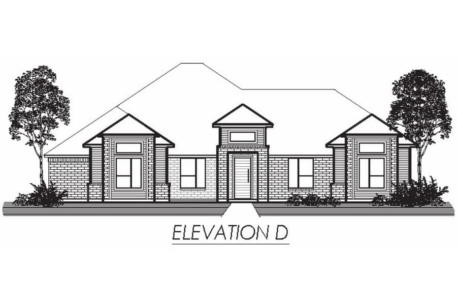 Architectural drawing of a single-story residential house front elevation labeled "elevation d".