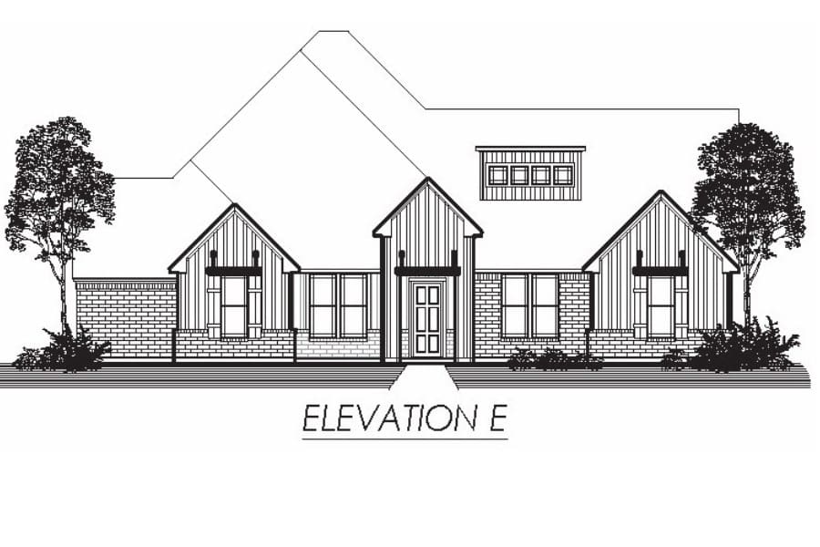 Architectural elevation drawing of a single-story residential house with a gabled roof and trees on either side.