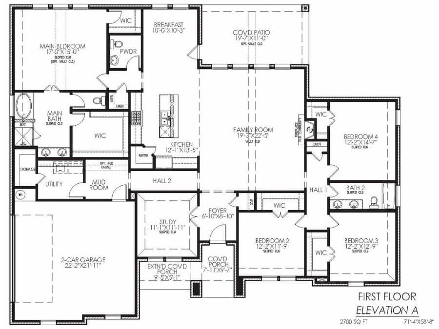 Black and white floor plan of a single-story, four-bedroom house with a two-car garage and covered patio.